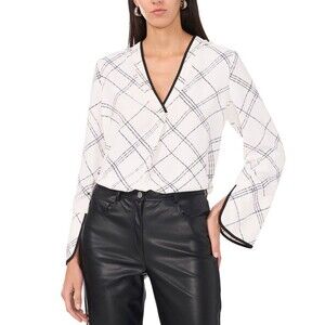 Vince Camuto Top LS Split Cuff White with Black Geometric Pattern 3XL